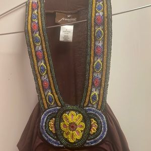 Brown halter shirt with beaded neckline